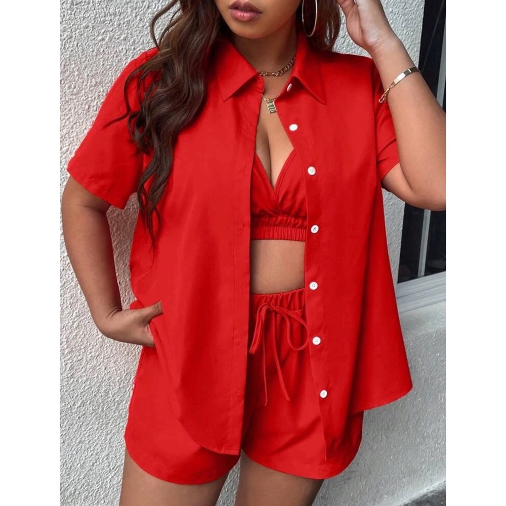 Plus Solid Cami Top & Shorts & Button Front Blouse